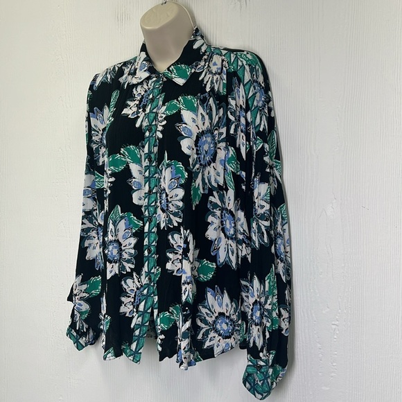 Free People - Good Vibrations Floral Teal Black Button Down Oversized Blouse XS - Picture 5 of 13